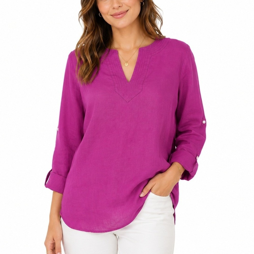 Lauren Ralph Lauren Shirt‎ Womens L Pink Linen Split Neck Tunic Top Boho Resort